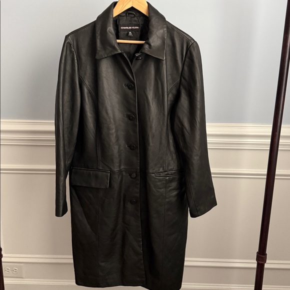 Charles Klein Jackets & Blazers - Charles Klein Black Leather Trench Coat Jacket Women's XL Collared Button Up 90s